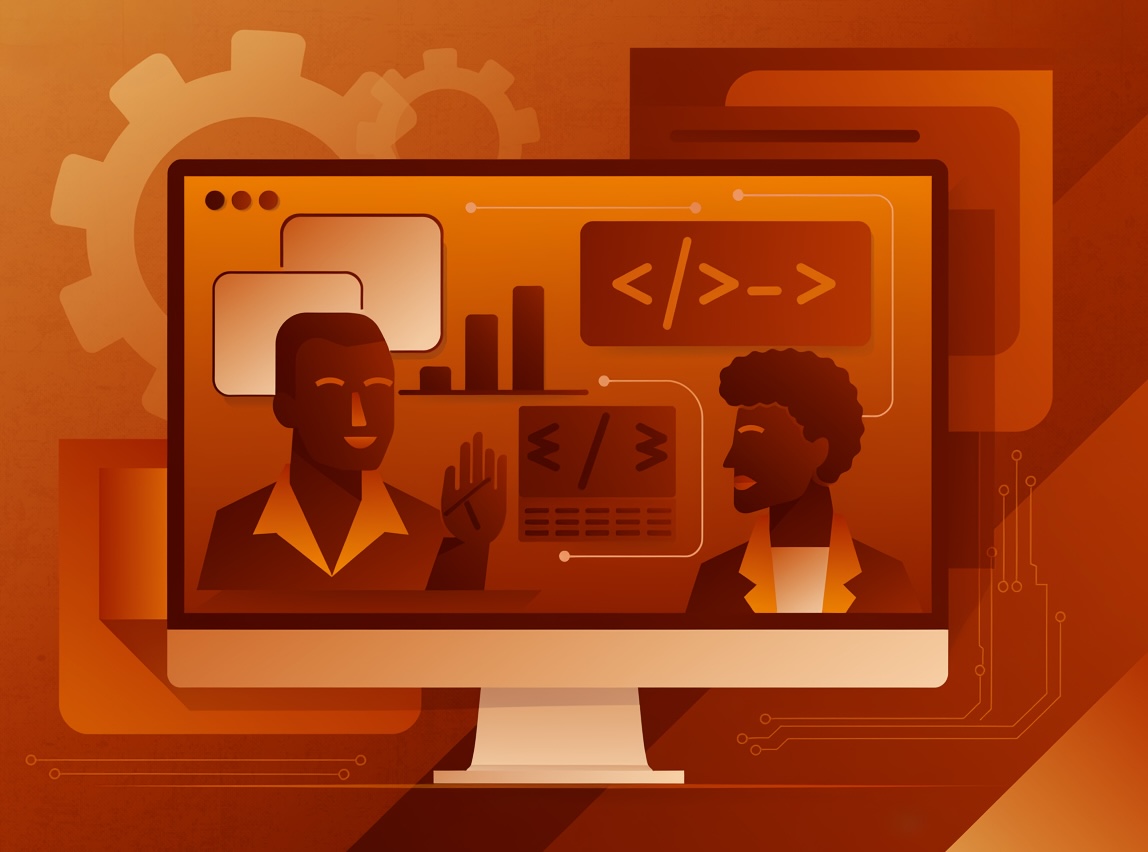 Abstract visualization of two people on a computer screen, with charts and technical icons on the background in Rusty colors.