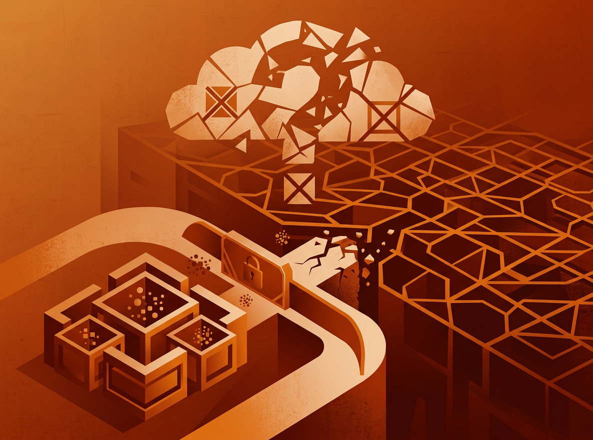 Abstract visualization of a gap between private data (a sovereign cloud) and a shady corporate cloud, illustrated by a bridge between secured data storage and a crumbling bridge to a dark landscape with a cloud that shows a question mark.