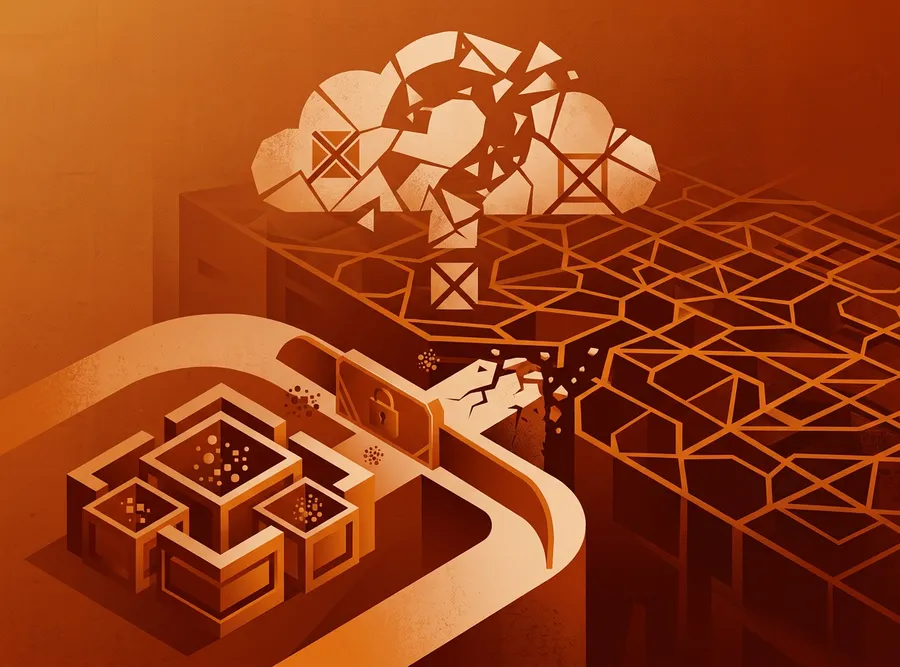 Abstract visualization of a gap between private data (a sovereign cloud) and a shady corporate cloud, illustrated by a bridge between secured data storage and a crumbling bridge to a dark landscape with a cloud that shows a question mark.