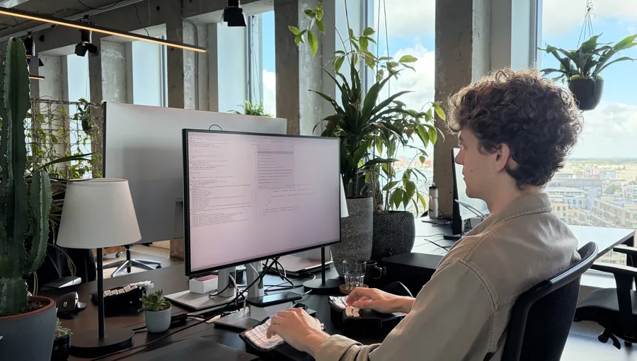Max behind his monitor and plants in the new office